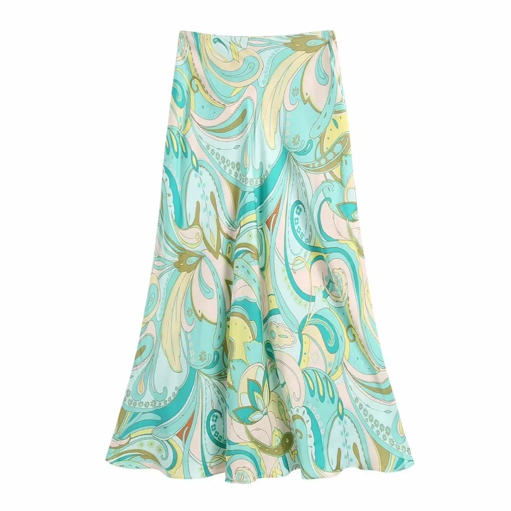 ZARA Sea Green Spring Multicolor 100% Viscose A Line Side Zip Midi Skirt Sz L